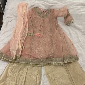 Pakistani/Indian 3 Piece Elegant Peach and Gold Kids Shalwar Kameez